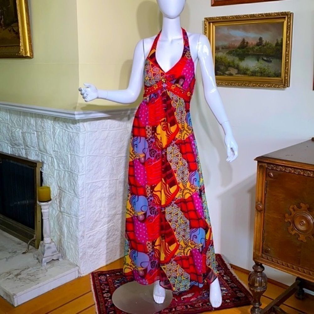 Sue Wong Beaded Printed Silk Chiffon Maxi Dress - Picture 3 of 15
